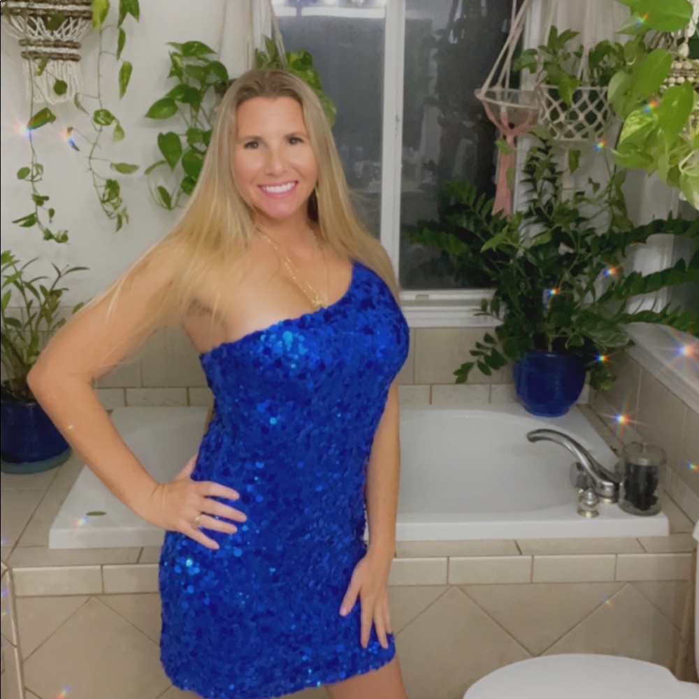 Blue Sequin One Shoulder Dress! Looks great when the light hits it!